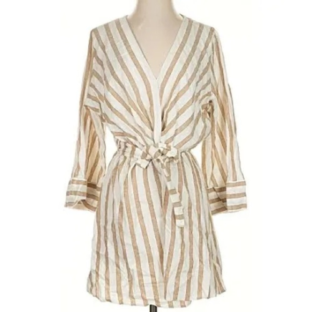 Zara Striped V-Neck Tie-Waist Linen Romper in White and Tan